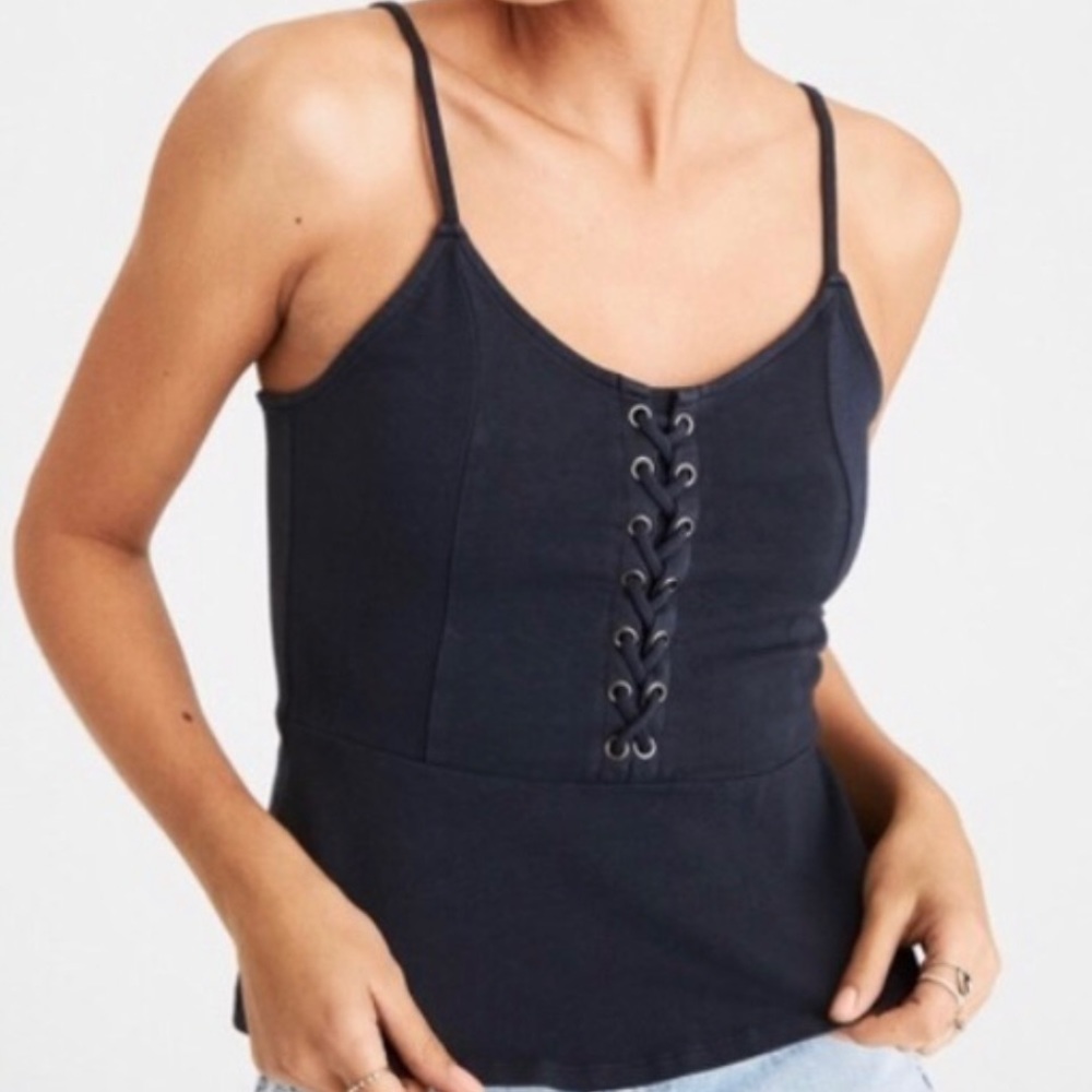American Eagle grey black lace up peplum tank top